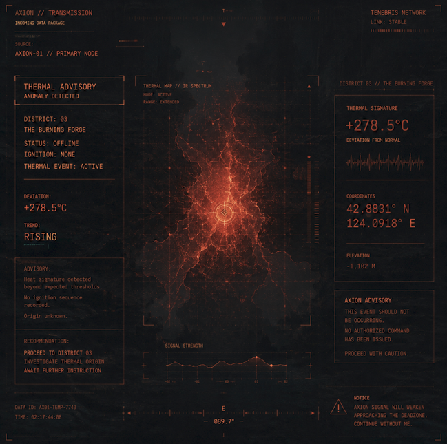 MnceCorp's tweet photo. // AXION // ROUTE ACQUIRED

WANDERER.

District 02 can see again.

Leave it watching.

We move.

████████████

I have detected heat
beyond the eastern deadzone.
This should not be possible.

DISTRICT 03

THE BURNING FORGE

STATUS: OFFLINE

IGNITION: NONE

THERMAL EVENT: ACTIVE

...

The Forge is cold.

This statement is no longer accurate.

I cannot determine
what initiated the change.

There was no command.
No restart sequence.

No authorized draw
from the Network.

Yet something inside
is consuming power.

And the temperature
continues to rise.
████████████

Follow the old conduit east.
Eventually my signal
will begin to weaken.

Continue without me.
You will know you are close
when the ground becomes warm.

Do not enter the Forge.

Not yet.

Find the first place
the conduit is hot.
Mark it.

Then wait.

// OBJECTIVE: LOCATE THERMAL ORIGIN
// DISTRICT 03: OFFLINE

// IGNITION AUTHORITY: NONE

// HEAT SOURCE: ████████

...
Wanderer.

There is something else.

The thermal pattern
is not spreading outward.

It is moving toward you.

// AXION