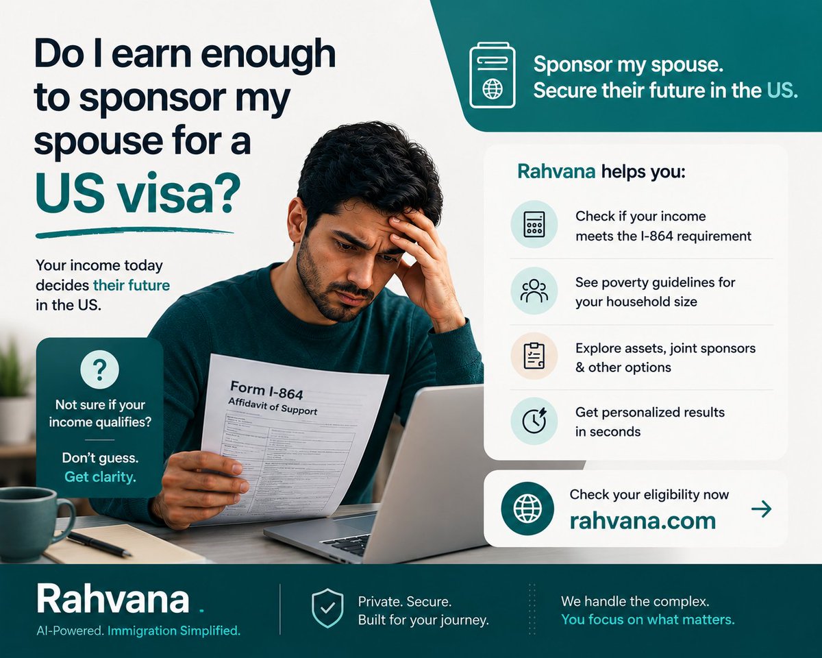 Rahvanaco's tweet photo. “Does my income qualify to sponsor my spouse?”

If you’re asking yourself this, don’t guess.

Check your personalized Affidavit of Support income requirement in seconds with Rahvana.

👉 https://t.co/3rL9PjFe0T
#USVisa #Immigration #I864 #AffidavitOfSupport #SpouseVisa https://t.co/8Xr6914nM7