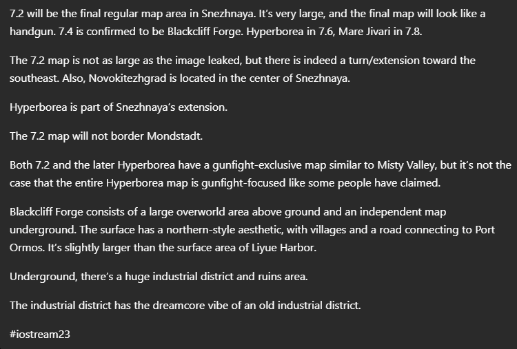 RaidenNews's tweet photo. ABOUT MAP SNEZHNAYA (7.X) STC

- 7.4 Blackcliff Forge
- Hyperborea 7.6
- Mare Jivari 7.8
- 7.2 will be the final regular map area in Snezhnaya. It’s very large, and the final map will look like a handgun. 

Via iomstream23 (88% track record) TL MeowTews

#genshinimpact https://t.co/WE5OJv4UcL