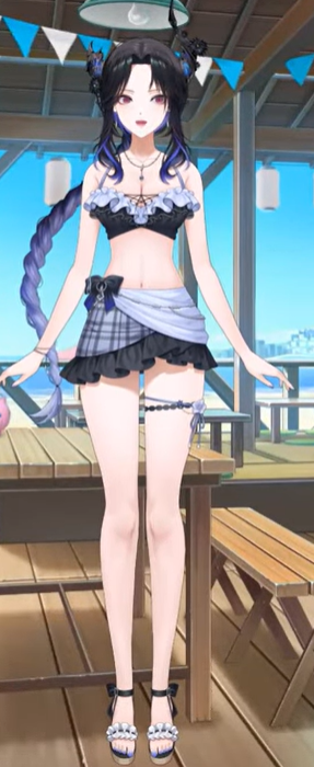 TroyRex555's tweet photo. Reminder that Nerissa Ravencroft revealed a new swimsuit outfit!
I really love the cute floral charms/ jewelry and frilly parts on the clothing. The two hair styles are also super cute. I think  the rope braid is my favourite. All the toggles are very fitting. https://t.co/esQpvPqlwL