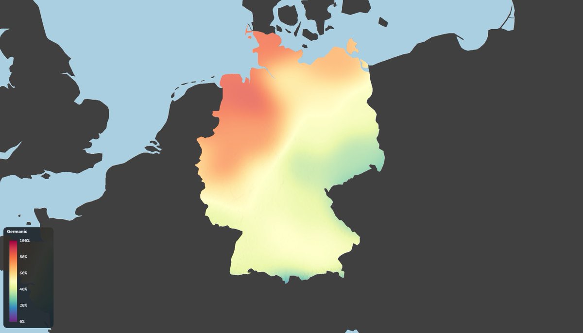 Richelieu2585's tweet photo. Approximate ancestral components Germans: Germanic, Celtic, Slavic and Eastern Mediterranean.

It surprised me just how closely the borders of East Germany approximate the distribution of Slavic admixture.
East Med ancestry peaks in Baden at ~16% https://t.co/cOzz4VvQ7i