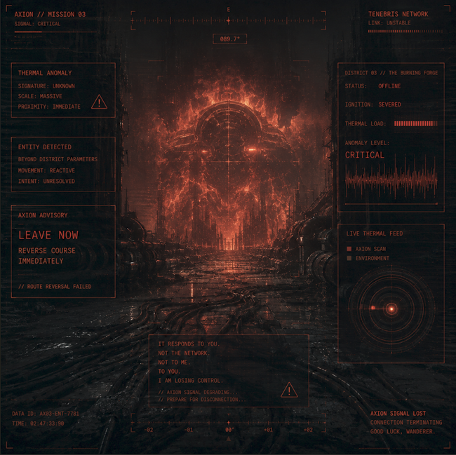 MnceCorp's tweet photo. // AXION // MISSION 03

WANDERER.

You found the break.

Leave it severed.

Continue toward the Forge.

DISTRICT 03: OFFLINE
 IGNITION: SEVERED
 THERMAL LOAD: ███████
...
Stop.

I am detecting machinery
ahead of you.

It is moving.

Nothing in District 03 is online.
███████████

Take one step backward.

...

It stopped.

Step forward.

...

It moved again.

Wanderer—

I need you to leave.

// ROUTE REVERSAL FAILED

// EXIT: NOT RESPONDING

...

I did not open the Forge.

You did.

// AXION SIGNAL LOST