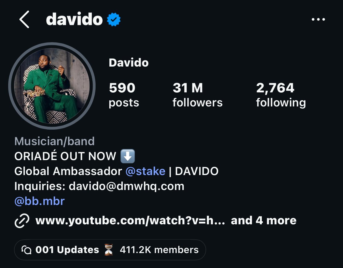 Moweyyyy184273's tweet photo. 🚨 Davido has officially surpassed 31 MILLION followers on Instagram, making him the most-followed Afrobeats artist on the platform. 👑🇳🇬 https://t.co/mPH3F5sury