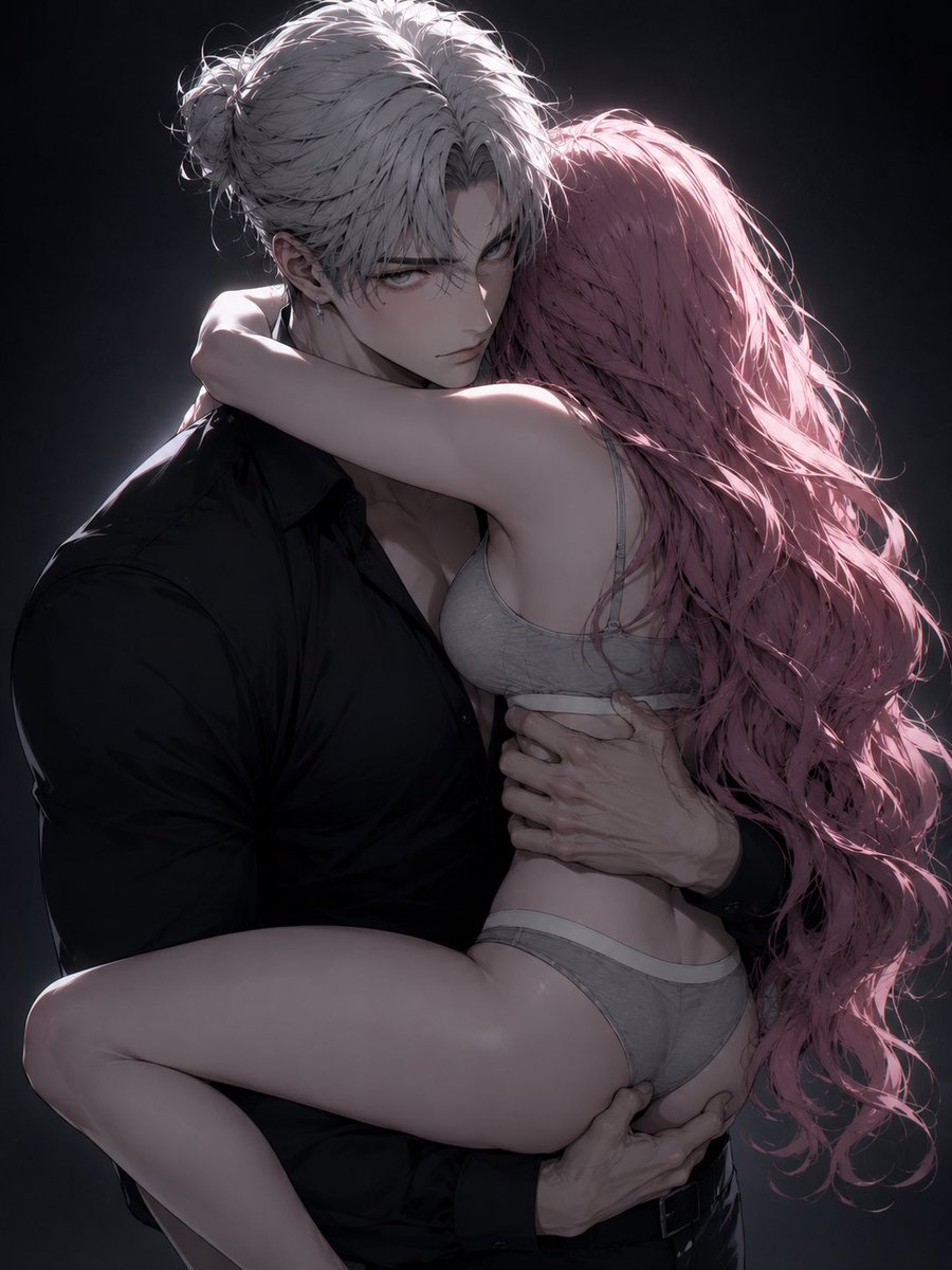 JoywDan's tweet photo. 这个眼神，谁懂🥵

prompt-GPT：

masterpiece, best quality, high-impact Japanese anime illustration, refined modern manga style, clean sharp lineart, polished cel shading, expressive eyes, dark romantic atmosphere, possessive intimacy

adult couple, vertical close-medium composition, minimal white or light grey background, strong size difference

the man holds the smaller woman tightly in a lifting embrace, one arm supporting her lower body and the other around her back or waist. She wraps both arms around his neck and presses her face completely into his shoulder and chest, her face fully hidden, only the back of her head and long hair visible.

the man faces the viewer over her shoulder with an intense possessive, protective, jealous gaze. Calm but dangerous expression, no smile, strong “mine” energy. One eye is emphasized as the visual focal point, sharp and magnetic, with a subtle muted crimson tint for a yandere mood.

the embrace feels firm, protective, obsessive, and unwilling to let go. Strong silhouette, dramatic romantic tension, exclusive devotion, dark tenderness, silent claiming.

male face visible, female face completely hidden, no extra people, no text, no watermark, no phone UI, more anime than realistic.