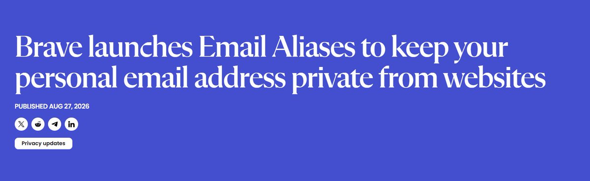 sednowno's tweet photo. Tired of giving your real email to every site? 😮‍💨

Meet @brave  Email Aliases 🦁

Unique addresses that forward to your inbox, so sites never see your real email. Kill spam, block tracking, delete any alias that gets junk.

5 free, live on Brave desktop v1.94 🔒 https://t.co/IJF0cOf3oR