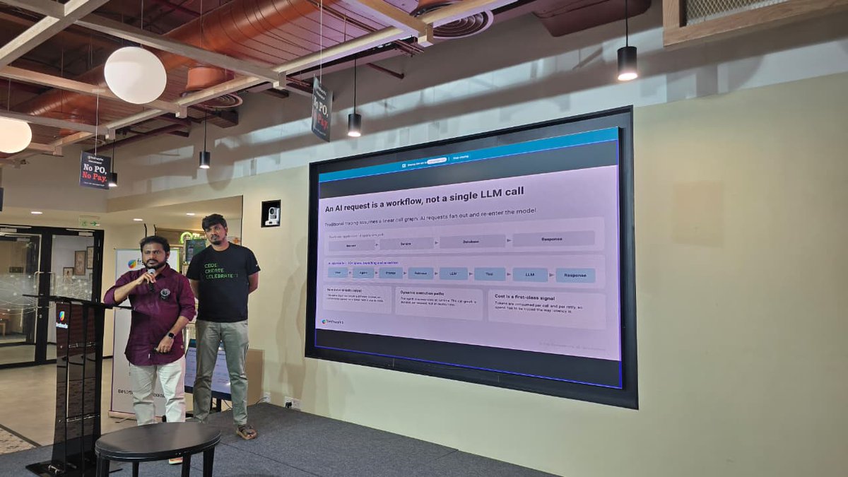 cncfhyd's tweet photo. 🎤 Now speaking at Cloud Native Hyderabad: Buden Shaik and Siva Tarun Ponnada from @FreshworksInc 

OTEL for LLM Observability, tracing requests through the LLM pipeline down to the token. 

#CloudNative #OpenTelemetry #LLMObservability #CloudNativeHyderabad https://t.co/bn2hyJv4Sj