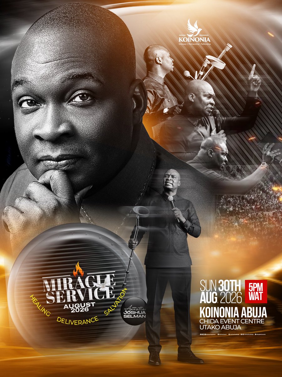 koinoniaeni's tweet photo. THIS SUNDAY: JOIN US AT KOINONIA ABUJA FOR OUR AUGUST 2026 MIRACLE SERVICE!

“And his fame went throughout all Syria: and they brought unto him all sick people that were taken with diverse diseases and torments, and those which were possessed with devils, and those which were lunatick, and those that had the palsy; and he healed them.” - Matthew 4:24 (KJV)

Join us THIS SUNDAY, the 30TH of AUGUST for our August 2026 Miracle Service. It will be a night of supernatural miracles and the power of God will be made manifest like never before.

Come with a heart full of expectation, as the atmosphere will be charged with divine encounters, healings, signs, and wonders. Chains will break, prophetic answers will be released, and The Holy Spirit will move mightily in our midst.

You can join us onsite at Chida Event Center, Utako, Abuja.

Time: 5PM (WAT)

Can’t attend physically? You can connect with us live online:

YouTube: Koinonia Global
Online Radio: https://t.co/kpLU9EqUi2
Facebook: Koinonia Global, Koinonia Abuja
Instagram: @koinonia.abuja | @koinoniaglobal
X (Twitter): @Koinoniaeni | @AbujaKoinonia
Threads: @koinonia.abuja

Don’t miss it! Invite others and prepare for a supernatural shift that only God can bring. See you there!

#August2026MiracleService
#TheYearofDeliveranceAndExemption
#KoinoniaAbuja
#KoinoniaGlobal