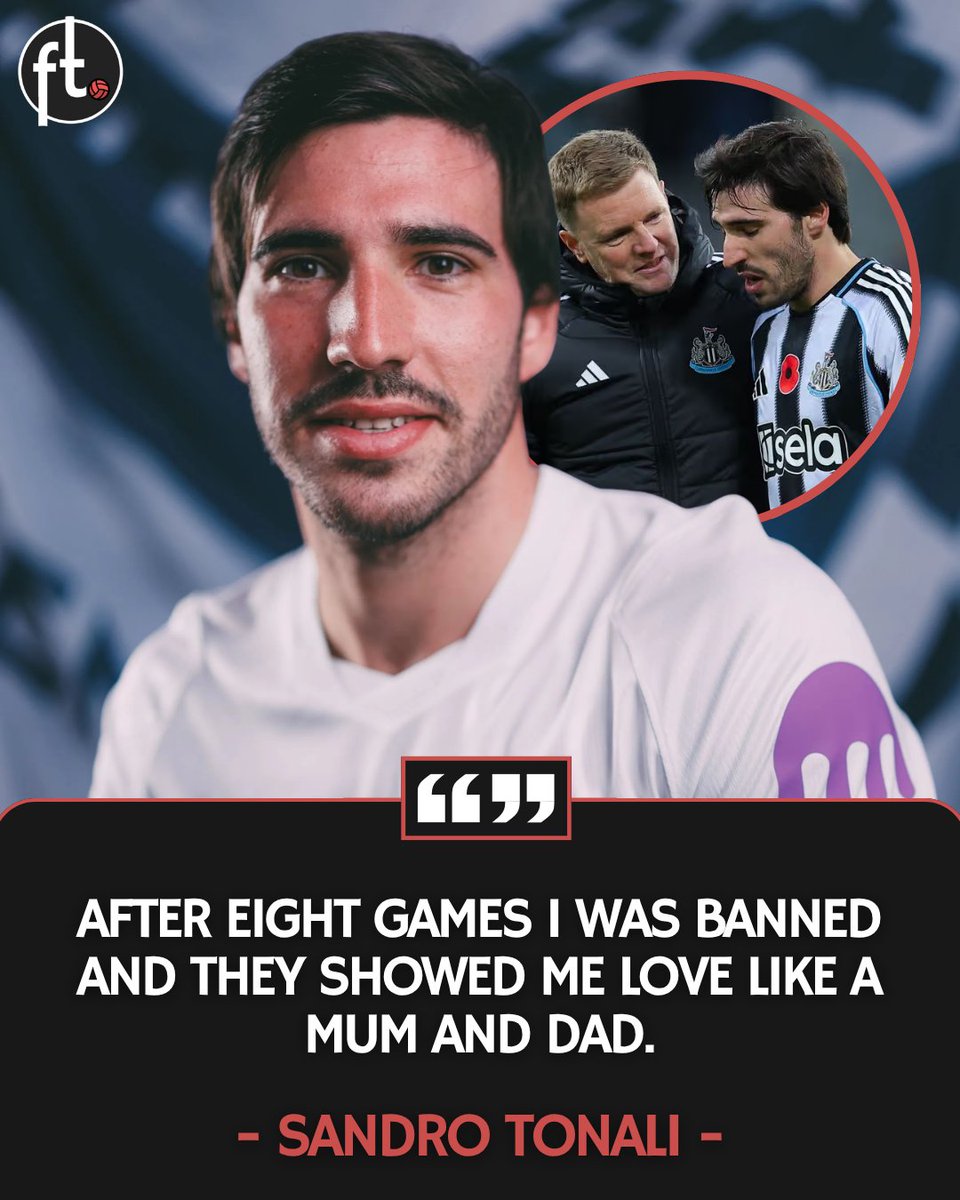 Footballtweet's tweet photo. 🇮🇹 Sandro Tonali on facing former club Newcastle United today:

🗣️ "After 8 games I was banned and they showed me love like a mum and dad.

I said to my agent, I want the best deal for them because they deserve everything." https://t.co/Yai6tFd9nj