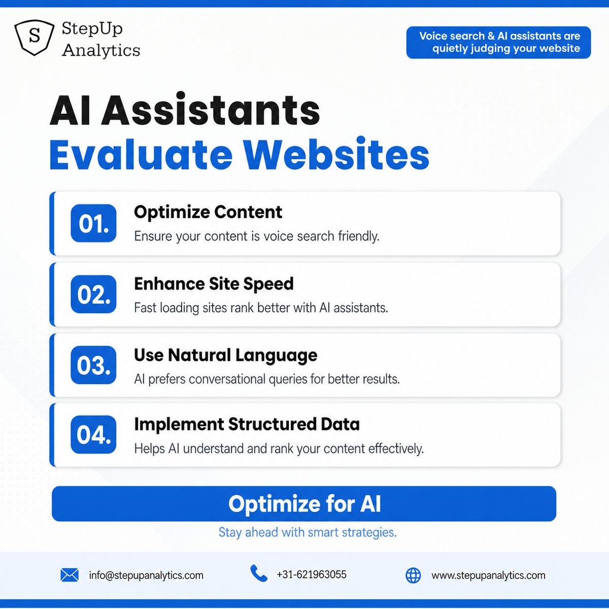 StepUpAnalytics's tweet photo. Voice search and AI assistants evaluate websites on speed, natural language use, and structured data. Optimize your site to stay competitive in the growing digital landscape.

Visit https://t.co/TI3PqU6uEC

#stepupanalytics #v https://t.co/NDGtNMc689