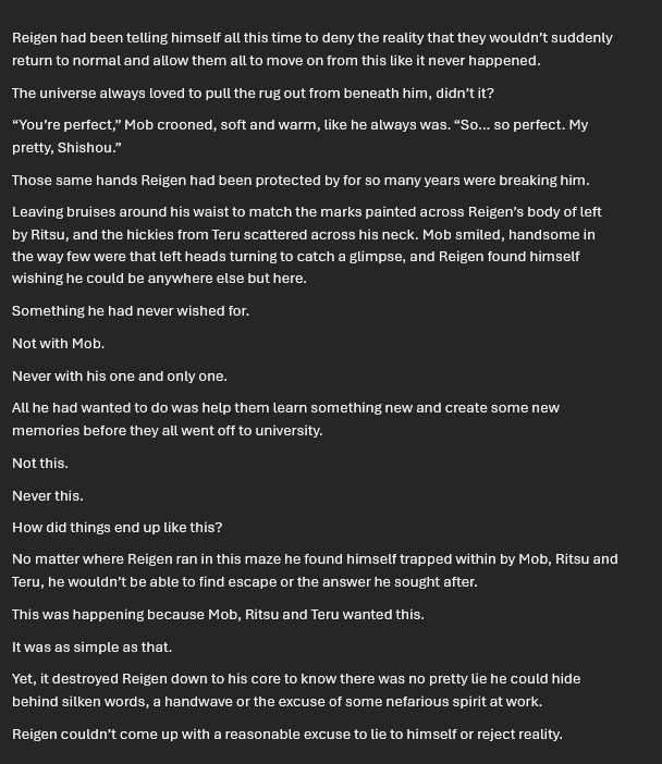 SairleB's tweet photo. I couldn't help myself, bruh... #mobrei/#モブ霊/Ritrei/Terurei (Sudden) WIP... 

The idea I have is mega whump for Reigen, Mob, Ritsu and Teru?  Some kind of yandere... dubcon/noncon thing on ALL PARTS, ifykyk😉 Unedited+bare bones, so pleaseee IGNORE MISTAKE/Spelling errors🥀 https://t.co/7CgIg81WLa