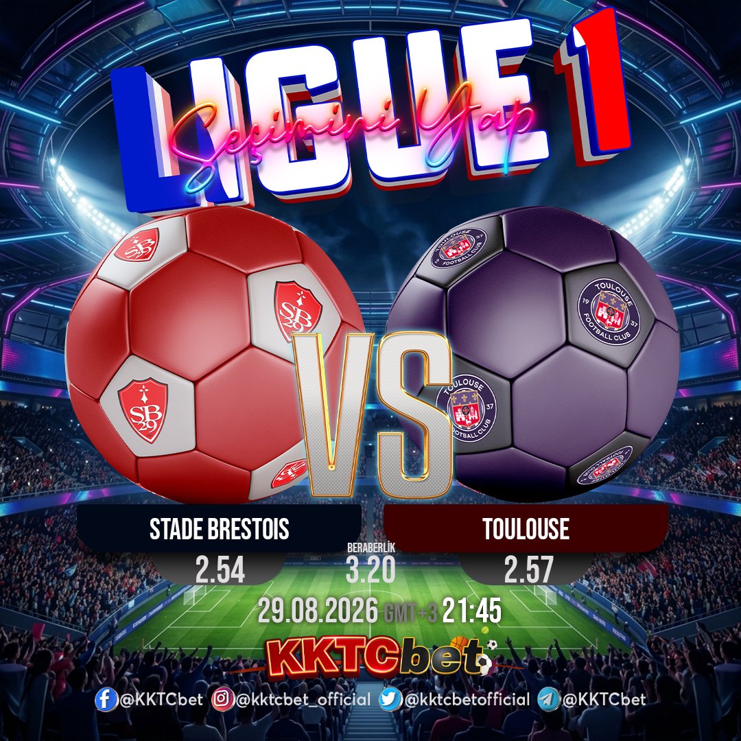 KKTCbetofficial's tweet photo. Stade Brestois vs Toulouse 🔥
Lig 1 kapsamında Kazanmaya Hazır Mısınız? 🚀
💰 Oranlar: 1: 2.54 | X: 3.20 | 2: 2.57
✨ Günün kazananı sen ol!
#Lig1 #StadeBrestois #Toulouse #GününMaçı #kktcbet https://t.co/hZKH2WsVgp