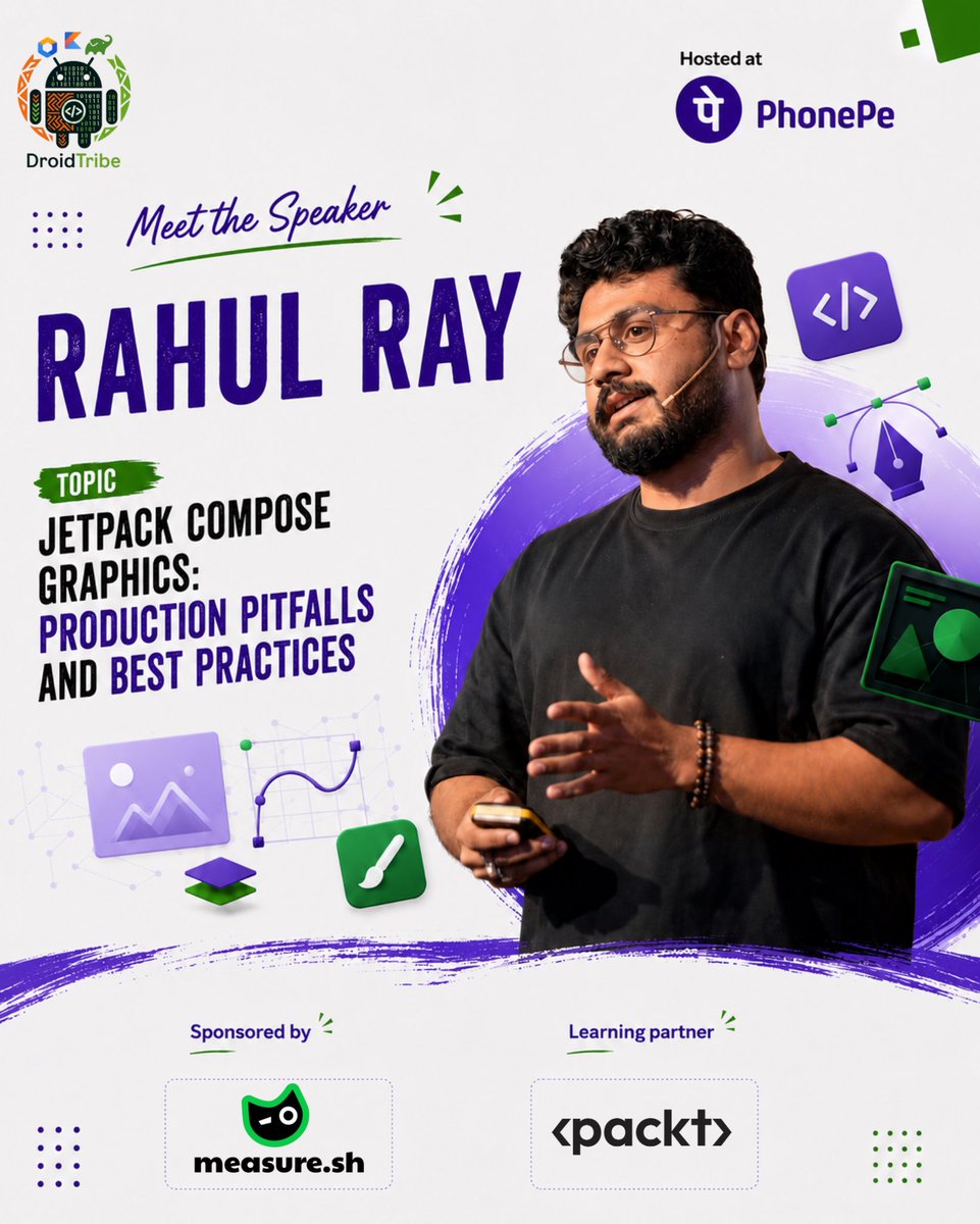 DroidTribeCom's tweet photo. Another exciting session coming to DroidTribe Bengaluru! 🚀

Meet Rahul Ray, who will take us deep into:

🎨 Jetpack Compose Graphics: Production Pitfalls and Best Practices

📅 12 September 2026
📍 PhonePe, Bengaluru

👉 Register now: https://t.co/kCRTpLRem0 https://t.co/QJVmeRUkvn