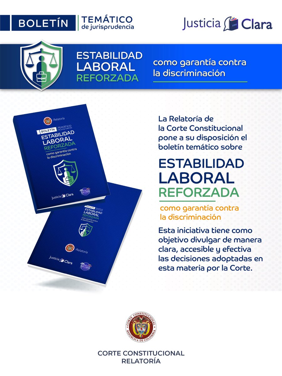 CConstitucional's tweet photo. La Relatoría de la Corte Constitucional presenta el boletín sobre la estabilidad laboral reforzada (ELR), una garantía fundamental para combatir diversas formas de discriminación en el trabajo.

Ver aquí ▶️ https://t.co/ROVJkyf7Ck https://t.co/FHejhW2Px4