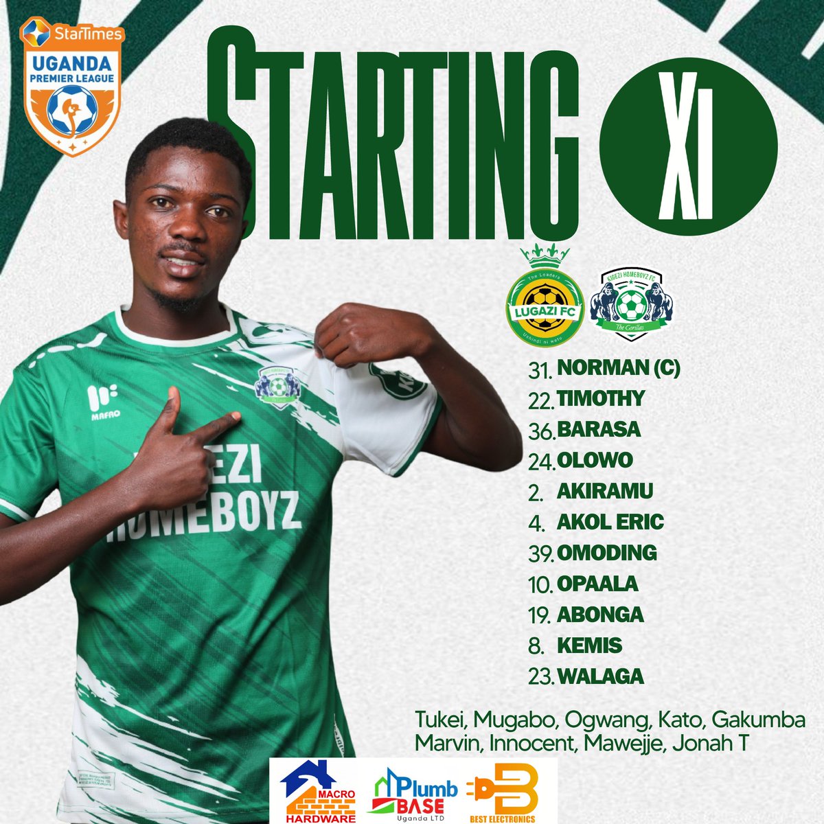 HomeBoyzFCFans's tweet photo. HISTORY STARTS HERE. 🏠🔥

Our Starting XI is locked in for our first ever Uganda Premier League game. The beginning of our maiden UPL season. 💪🏾⚽

The stage is set. The Gorillas are ready. Let’s make history together! 🟢⚪

#UPL #KHBZ https://t.co/SEua7WXbHm