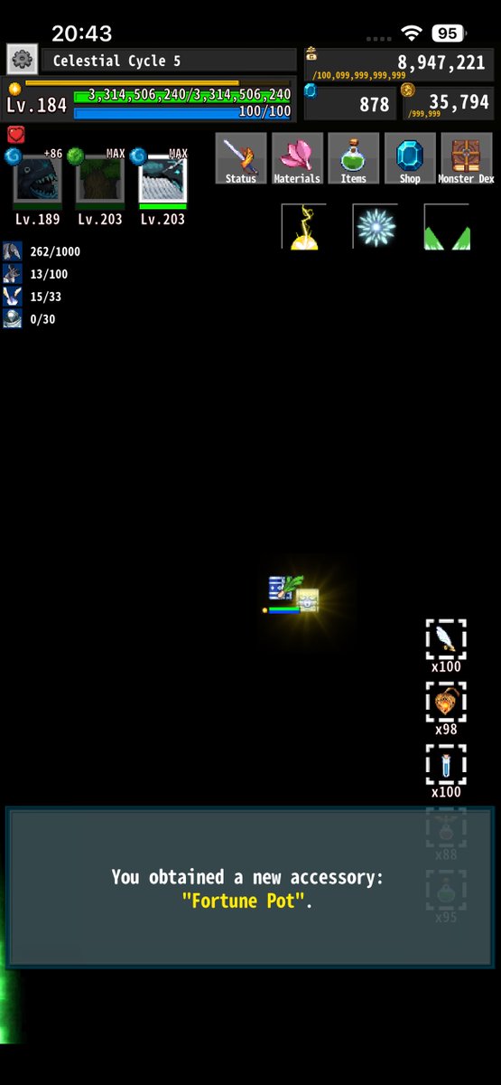 LidGames's tweet photo. ワンスワ
もう一度100億G稼ぎ
アクセサリー4枠目を解放
あとは体力盛りにして
循環宇宙最深部(ここでは復活不可)へ行き
フォーチュンポット🫖をゲット
5回目くらいの挑戦？

ともかくドロップ率+1000%は超強力
#OnceWorld https://t.co/ikMTfUvmYz