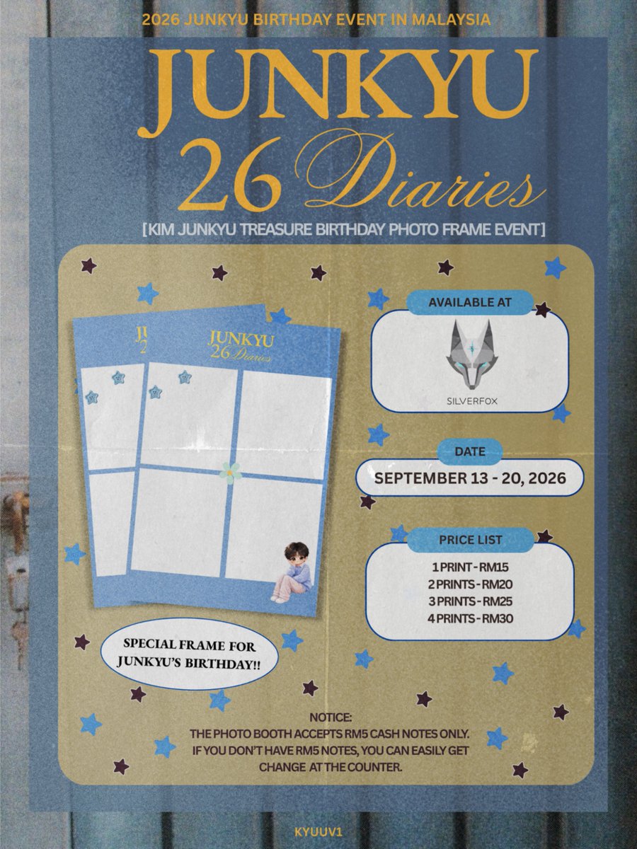 kyuuv1's tweet photo. JUNKYU 26 DIARIES - SPECIAL PHOTO FRAME

A little memory from Junkyu’s 26th to keep forever♡
Celebrate Junkyu’s birthday with our special photo frame, available at the Silver Fox Cafe Photo Booth during JUNKYU 26 DIARIES!

#Junkyu26Diaries   
 #JUNKYU #준규 
 @treasuremembers https://t.co/Vq4KmyfhjS
