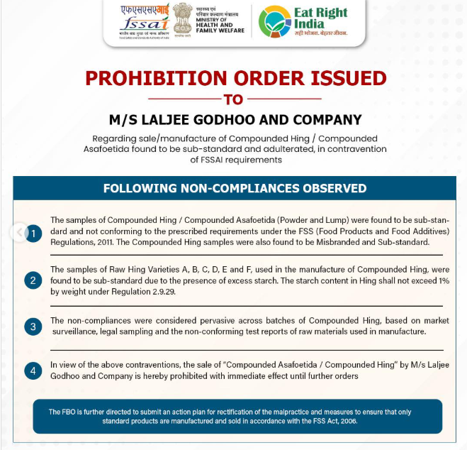 ANI's tweet photo. The Food Safety and Standards Authority of India (FSSAI) has taken regulatory enforcement action under the Food Safety and Standards Act, 2006, issuing Prohibition Orders against M/s Everest Food Products Private Limited and M/s Laljee Godhoo and Company. https://t.co/9kcjoaX2Sw