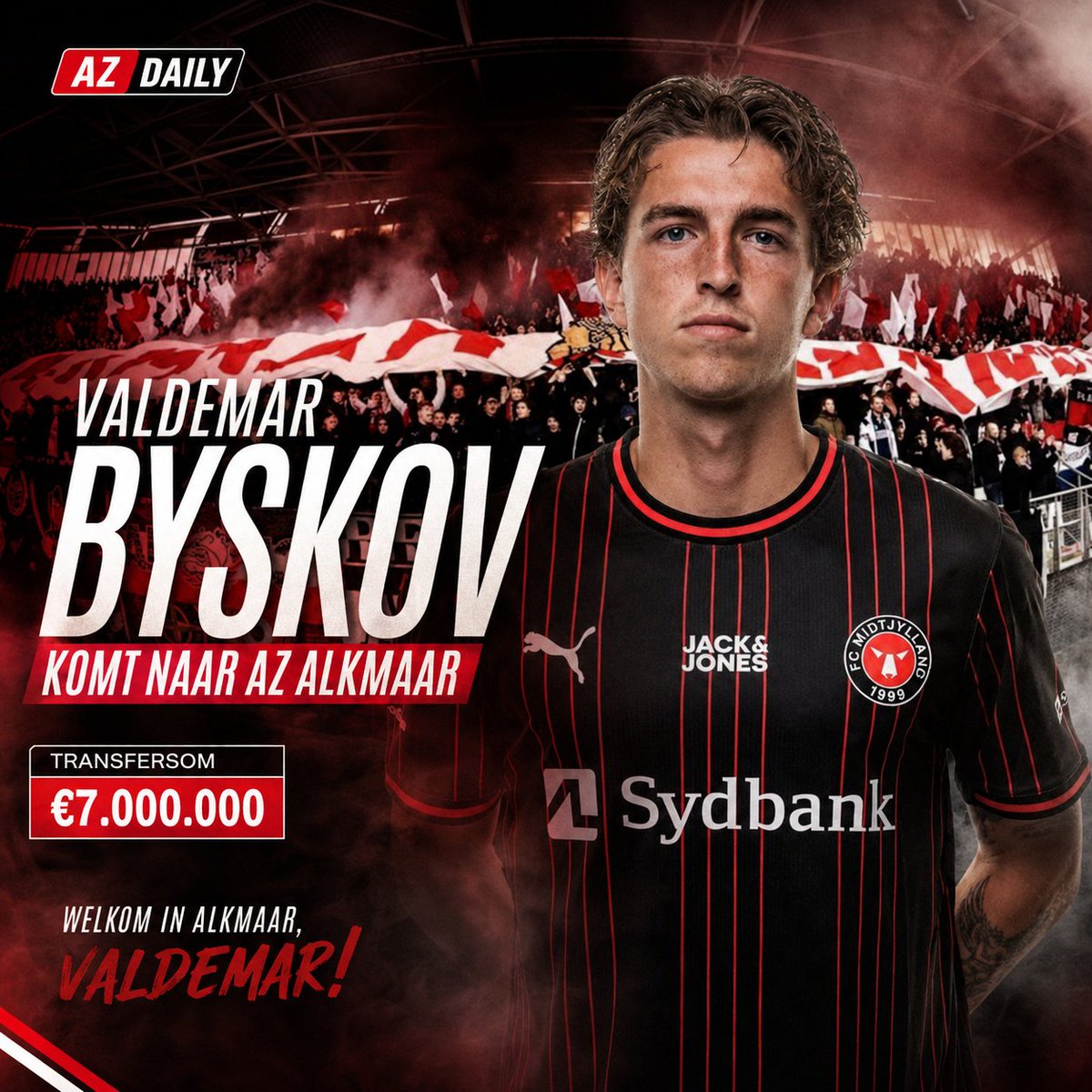 AZDaily072's tweet photo. 🔴⚪ Valdemar Byskov naar AZ! 🇩🇰
De 21-jarige Deen komt over van FC Midtjylland. Met de transfer is een bedrag van €7 miljoen gemoeid.
Welkom in Alkmaar, Valdemar! 👊
#AZ #AZAlkmaar #AZDaily https://t.co/5y9iNKQV45