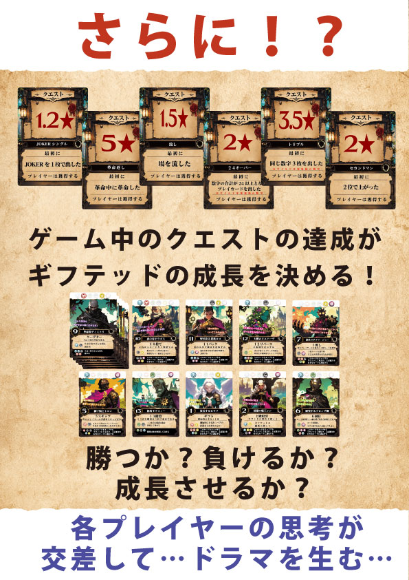 RulemakerL's tweet photo. ゲムマ新作「ギフテッド大富豪」告知❸
大富豪なのに、「負け」がゲームを動かす。

『ギフテッド大富豪』は
 3勝すれば単独勝利、2敗すれば単独敗北。
だから全員が、同じ目的で戦い続けるとは限りません。

「あと1勝だから勝ちにいきたい！」
「あの人を勝たせたくない！」
「今は勝つよりクエストを達成して、ギフテッドを育てたい！」

勝敗が積み重なるほど、
 それぞれの目的と思惑がズレていく。
そして、そのズレが大富豪の中で交差する♪
勝つか？ 負けるか？ 育てるか？

勝つことだけがすべてじゃない、
 新感覚・育成型大富豪『ギフテッド大富豪』
🎉ゲムマ会場受取＆配送予約受付中⤵
https://t.co/dGIuZcFrO0

リポストで応援していただけたら嬉しいです✨

ミニデザイナーズNote
ギフテッド大富豪は、毎ラウンドプレイヤーの状況で目指してるものが変わるので、思ったより悩ましく、
思ったより深くて、思ったよりあっという間に終わります♬
また、負け決めと勝ち決めどちらもあるゲームって
意外となくて、そして思ったよりちゃんとどっちも
狙えます♬
さらに未来の成長や投資として狙うクエストは
今のゲームのリスクを高めるので、毎ラウンド
ちゃんと大富豪を遊んでるのにちゃんといろいろ悩ましくて楽しいです♬(^^)/

#ゲームマーケット2026秋 #ゲムマ2026秋 #ギフテッド大富豪 #ボードゲーム