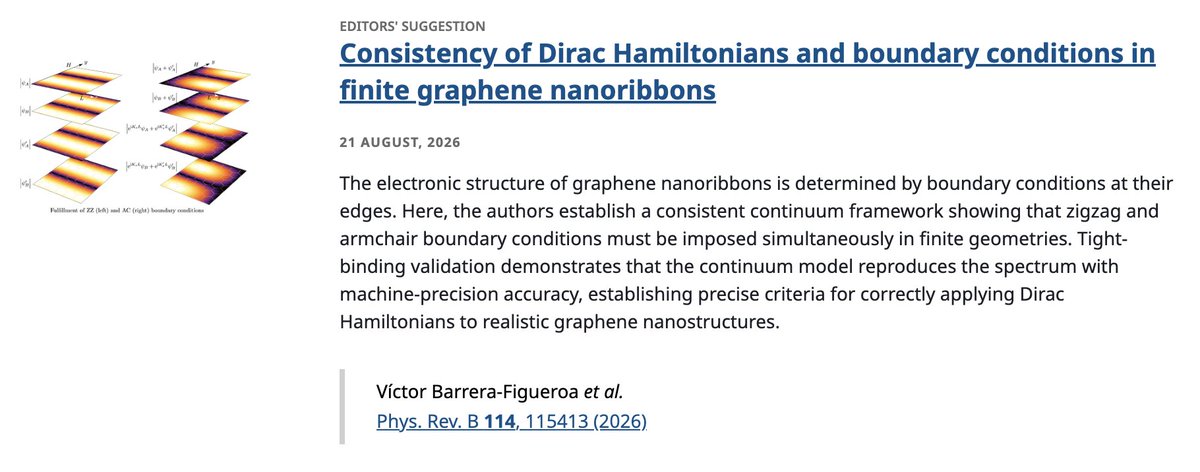 PhysRevB's tweet photo. PRB Editors' Suggestion: Consistency of #DiracHamiltonians and boundary conditions in finite #graphene #nanoribbons

V. Barrera-Figueroa, M. Gadella, Ş. Kuru et al.,
Phys. Rev. B 114, 115413

➡️ https://t.co/jRBaXqEUxL
#EdSugg @APSPhysics #physics #condmat https://t.co/wDX1TaJvue