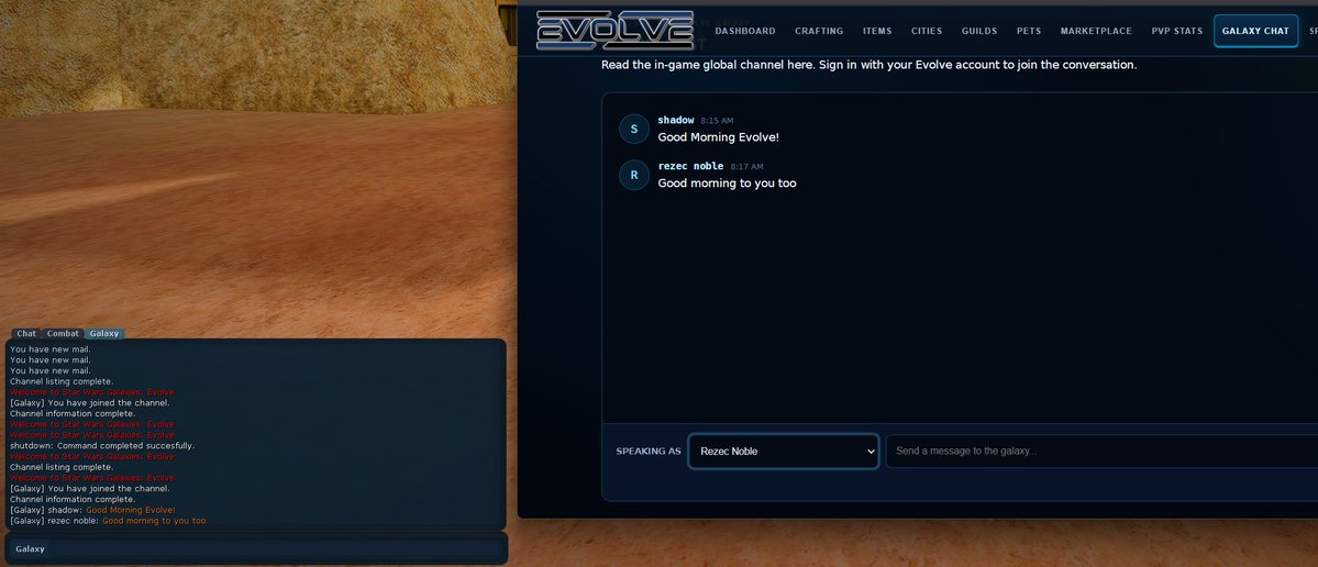 SWGEvolve's tweet photo. Galaxy Chat is LIVE! 🌌 Connect with the Evolve community in real time, whether you’re in-game or on the web. The galaxy is always within reach. https://t.co/auyTuVEg1F