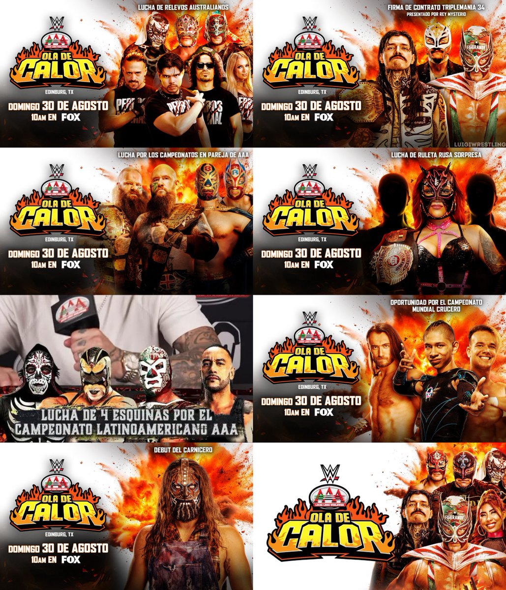 LuigiWrestling's tweet photo. 🔥 Estas son las CARTELERAS COMPLETAS y HORARIOS de #AAAOladeCalor y #NXTHeatwave para este domingo:

🟢 #AAAOladeCalor:
🇲🇽 10am 
🇺🇸🇨🇦 12pm ET, 9am PT
🇪🇸🇩🇪🇫🇷🇮🇹🇵🇱🇧🇪  18.00 horas
🇮🇨🇬🇶🇵🇹🇬🇧🇮🇪 17.00 horas
🇦🇷🇺🇾🇵🇾🇧🇷 1pm
🇨🇱🇻🇪🇧🇴🇵🇷🇩🇴🇨🇺 12pm
🇨🇴🇵🇪🇵🇦🇪🇨 11am
🇨🇷🇸🇻🇭🇳🇬🇹🇳🇮🇧🇿 10am
🇸🇦 7pm
🇮🇳 9.30pm
🇵🇭 12am
🇦🇺 3am AEDT, 2.30am ACDT, 2am AEST, 12am AWST

📺 Se podrá ver AAA Ola de Calor en vivo en FOX en México, Centroamérica y Sudamérica y por los canales  de YouTube de WWE y AAA en el resto del mundo en los siguientes enlaces:

🌎 Español - https://t.co/2bZ2eWs5Ed
🇺🇸 Inglés - https://t.co/IE7UPOZaFp

⚫️ #NXTHeatwave:
🇺🇸🇨🇦 3pm ET, 12pm PT
🇪🇸🇩🇪🇫🇷🇮🇹🇵🇱🇧🇪  21.00 horas
🇮🇨🇬🇶🇵🇹🇬🇧🇮🇪 20.00 horas
🇦🇷🇺🇾🇵🇾🇧🇷 4pm
🇨🇱🇻🇪🇧🇴🇵🇷🇩🇴🇨🇺 3pm
🇨🇴🇵🇪🇵🇦🇪🇨 2pm
🇲🇽🇨🇷🇸🇻🇭🇳🇬🇹🇳🇮🇧🇿 1pm
🇸🇦 10pm
🇮🇳 12.30am
🇵🇭 3am
🇦🇺 6am AEDT, 5.30am ACDT, 5am AEST, 3am AWST

📺 Se podrá ver NXT Heatwave en la CW Network y la app de ESPN en Estados Unidos y por Netflix en el resto del mundo (España y Latinoamérica, incluidos)

Se viene un gran domingo junto a AEW ALL IN. Va a ser difícil ver todo 😂