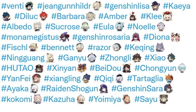 bunchofoomfs's tweet photo. #whoremembers when genshin characters hashtags on twitter used to have a little chibi beside them https://t.co/1Xw5U69aUA