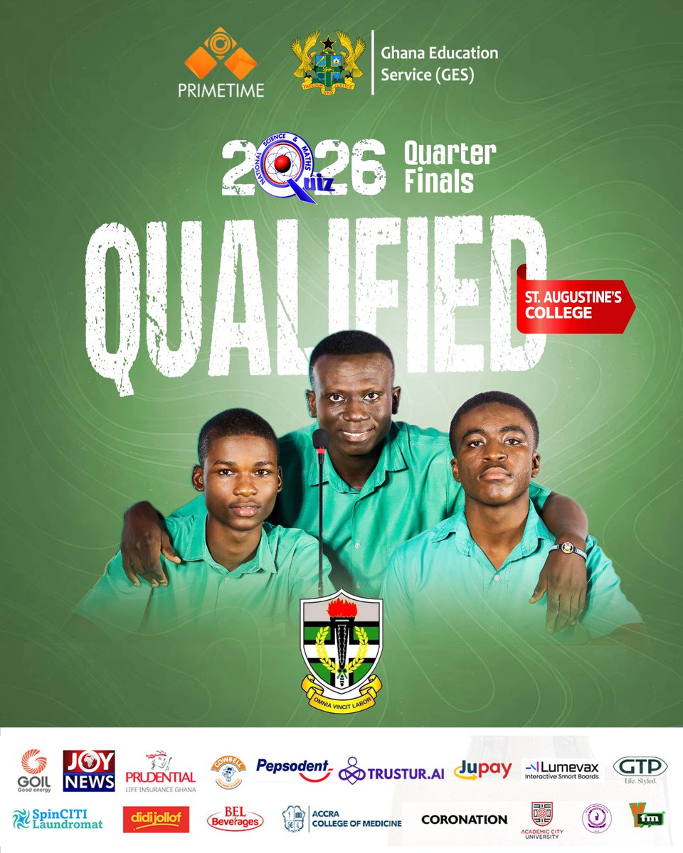 NSMQGhana's tweet photo. QUARTER-FINAL 3: St. John’s Grammar School vs Aburi Girls’ SHS vs St. Augustine’s College

Sunday, August 30, 2026.

#NSMQ2026 #NSMQQuarters #Primetime https://t.co/htDGf9trgQ