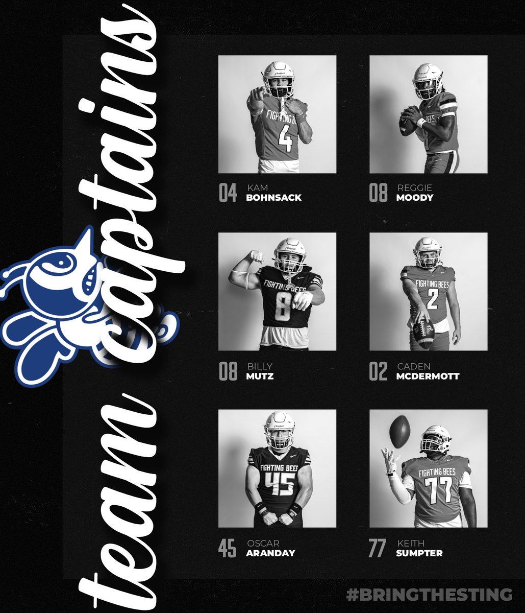 FightingBeesFB's tweet photo. This Year's Captains 🐝🏈

⚔️ at Culver Stockton
🏟️ Ellison Poulton Stadium |📍Canton, Mo.
⏰ 12PM CST
🎥 Watch Live: https://t.co/7AvJCx5kuP https://t.co/4ISLzT0aUC
