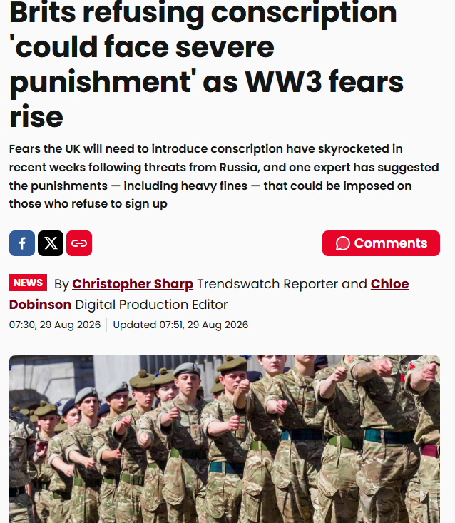 UnityNewsNet's tweet photo. The British Media is full of articles today saying what 'punishment' people could face for refusing to fight against Putin and Russia in a war.

Does this concern you that they are talking about war and conscription?

Would you and your family fight and die for Andy Burnham, The King and the Labour Party?