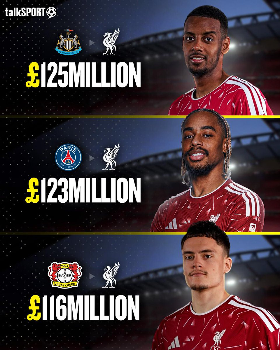 talkSPORT's tweet photo. Liverpool will have the most expensive winger, striker AND attacking midfielder in Premier League history! 🔜🤯

How many goals will this trio score this season? 🤔 https://t.co/LgLF87xxyg