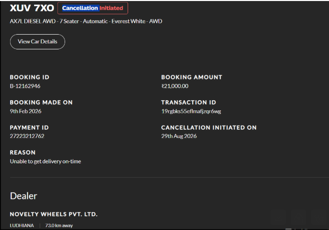 inv_mukul's tweet photo. @anandmahindra Best customer practices followed at @Mahindra_Auto @Mahindra_XUV7XO @MahindraRise .

I cancelled my booking for reason "Unable to get delivery on time even after 6 months" however your system or someone from back end changed the reason code to "Others". @volklub https://t.co/Ki4AJqfW3x