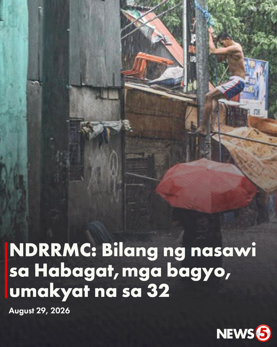 News5PH's tweet photo. HAGUPIT NG HABAGAT AT MGA BAGYO
Umakyat na sa 32 ang nasawi matapos ang pananalasa ng Habagat at mga nagdaang bagyo sa bansa gaya ng #LuisPH, #MaymayPH, at #NenengPH, ayon sa NDRRMC ngayong Sabado, Aug. 29.
Aabot naman sa 19 ang sugatan habang tatlo pa ang nawawala.
Nasa 117 lugar na ang isinailalim sa state of calamity kasunod ng pinsala sa kalamidad.