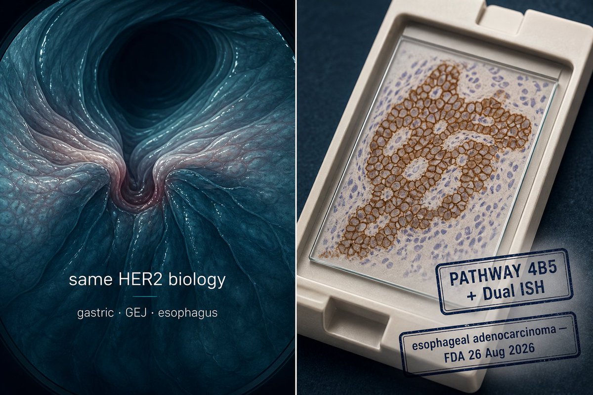 KVTay316's tweet photo. This week's GEA news is the assay, not just the drug.

Tue: FDA cleared Ziihera (zanidatamab) 1L for unresectable HER2+ gastric, GEJ and esophageal adenocarcinoma. Roche PATHWAY 4B5 and VENTANA Dual ISH now cover the oesophagus.

ToGA never gave esophageal adenocarcinoma its own approved HER2 test. Same biology. Gap closed.

HERIZON-GEA-01 triplet: 26.4 vs 19.2 months OS vs trastuzumab-chemo.

Unresectable 1L. Not a change to the operative pathway. JAZZ. Markets closed.