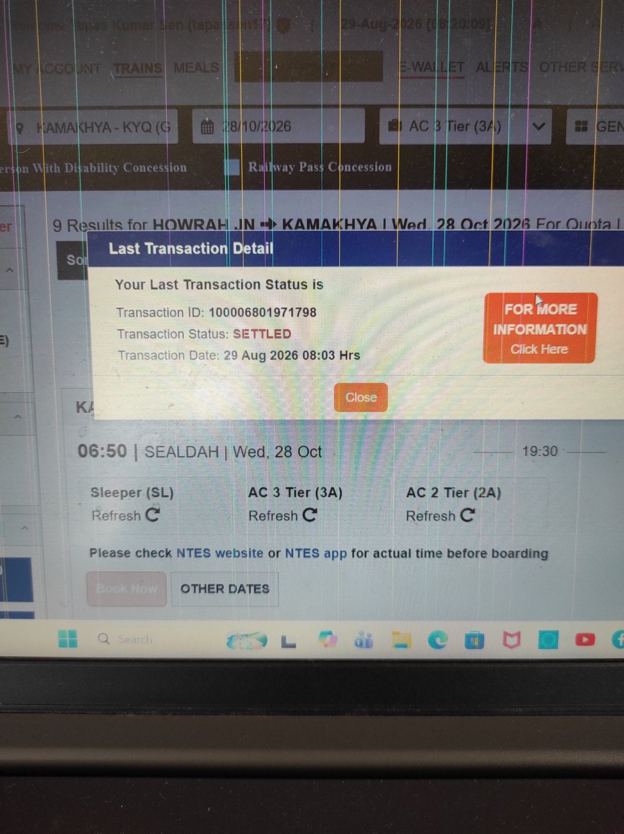 TapasKumar47541's tweet photo. IRCTC Booking Mystery!
29.08.26,booking opened for 28. 10.2026. On first minute, 140 AC 3Tier seats shown available.Inspite of booking and payment,no ticket was issued  to me. 2 minutes later, availability shows WL63 that means 203 tickets booked meanwhile to Whom?
@IRCTCofficial https://t.co/JH1Pu39dzV