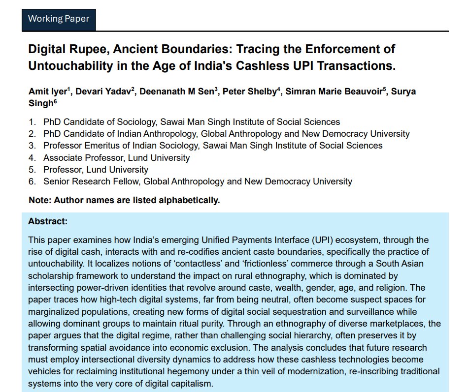 dexterfinbar's tweet photo. New paper explores the relationship between UPI and untouchability (???) https://t.co/UFo4MIRMDj