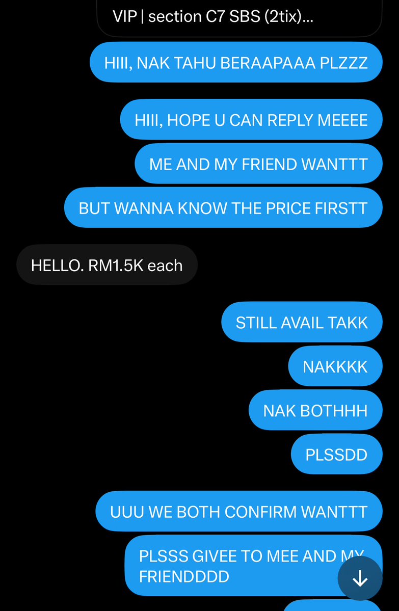 purplejinnie7's tweet photo. [EXPOSING SCAMMER OF TIX BTSinKL] 

Oomf was selling her VIP tickets cause she managed to upgrade to better seats. 2 tickets C7, ROW J for RM1500 each. 

Me and my friend want both. But since oomfs bought with a TS, the TS is selling one to her client. So we buy 1 tix only https://t.co/YWjCEACGGB