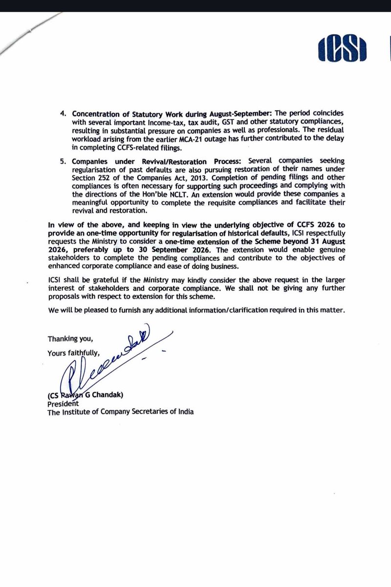 setindiabiz's tweet photo. Requesting another Extension to CCFS 2026, as many companies are yet to file their pending AOC-4 and MGT7. The last date is 31st August 206. An extension for another month will boost compliance and ease of doing business, and will benefit small companies and OPC.

Striving for compliance and seeking opportunities for businesses to thrive. ICSI's representation on 28 August 2026 underscores the need to extend the CCFS Scheme. Let's support the call for an extended window to help companies fulfill their ROC compliance and pave the way for a brighter future. #ComplianceMatters
 #setindiabiz #ccfsextension #corporatecompliance Request @MCA21India @FinMinIndia