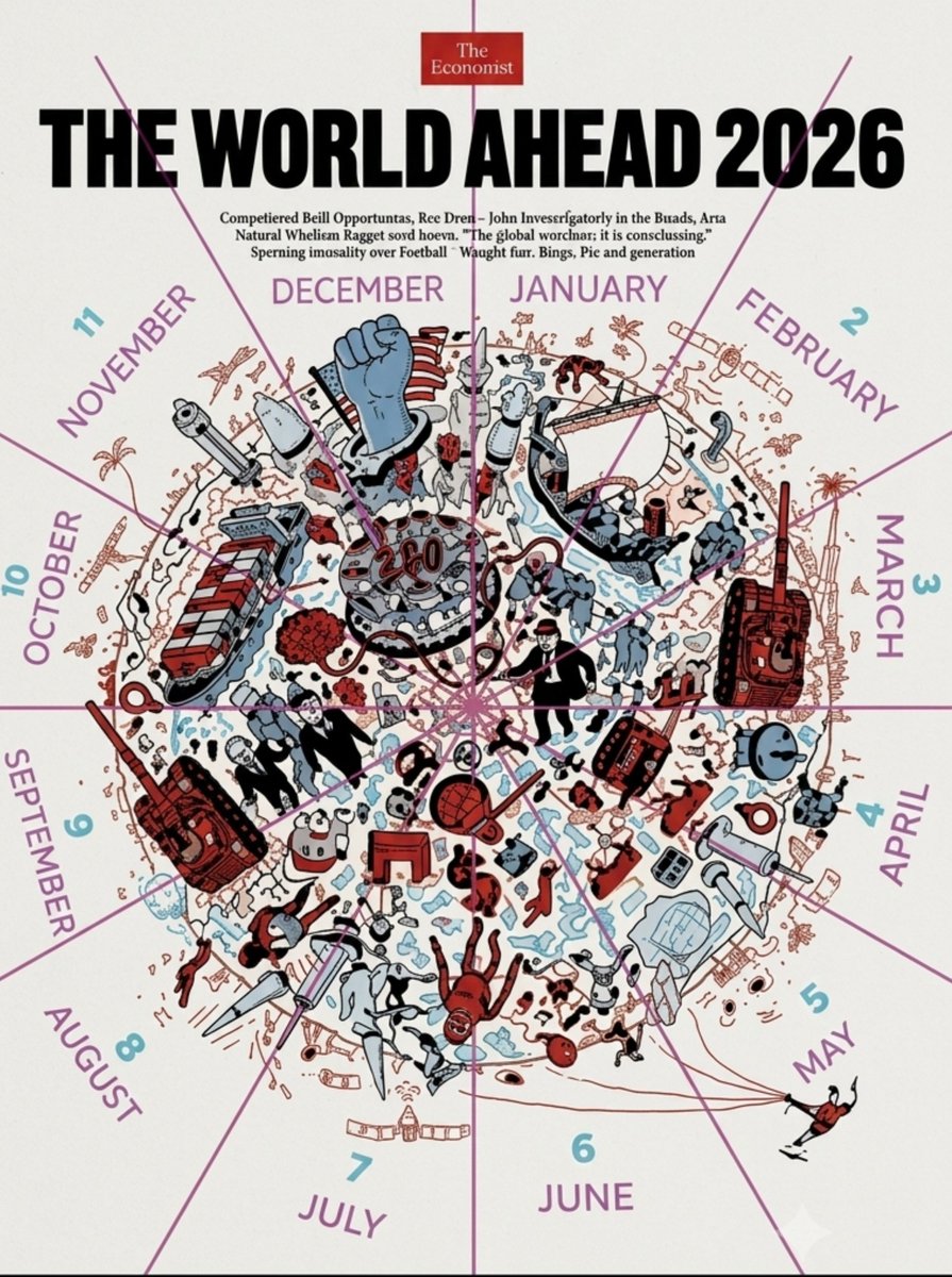 isrivastavas's tweet photo. Decoding the 2026 Blueprint as per Image by @TheEconomist : 

What Unfolded vs. What Lies Ahead 

👇
Many view these symbolic magazine covers as an intentional roadmap of global geopolitics, economics, and technology. Here is the month-by-month breakdown of 2026:

📍 Part 1: What Has Already Unfolded (Jan – Aug 2026)

🔹 January – Tech Disruption & Cyber Space
 * The Visuals: Satellites, antennas, and AI digital nodes.
 * What Happened: Intensified space race initiatives, major leaps in sovereign AI infrastructure, and key satellite security milestones.

🔹 February – Energy Chokepoints & Arctic/Naval Expansion
 * The Visuals: Naval vessels, maritime routes, and critical choke corridors.
 * What Happened: Elevated naval drills, disputes over key global straits, and renewed positioning across strategic sea lanes.

🔹 March – Escalating Geopolitical Tensions & Armament
 * The Visuals: Heavy armor, tanks, and rising military footprints.
 * What Happened: Heightened military mobilization, increased defense spending across global powers, and prolonged frontline engagements.

🔹 April – Biosecurity & Digital Health Infrastructure
 * The Visuals: Medical syringes, vials, and automated biological tracking.
 * What Happened: Global policy shifts toward coordinated epidemic preparedness, new vaccine rollouts, and enhanced digital health protocols.

🔹 May – Global Surveillance & Social Engineering
 * The Visuals: Controlled crowds, puppets, and surveillance lenses.
 * What Happened: Expansion of biometric systems, tighter digital identity frameworks, and debates over civil liberties and automated tracking.

🔹 June – Climate Agendas & Energy Transition Pressures
 * The Visuals: Scorching weather elements, renewable arrays, and eco-mandates.
 * What Happened: Record heatwaves accelerating strict carbon reduction frameworks, agricultural regulations, and climate transition policies.

🔹 July – Currency Resets & Centralized Digital Money
 * The Visuals: Central banking vaults, digital currency symbols, and fiscal oversight.
 * What Happened: Expanded cross-border Central Bank Digital Currency (CBDC) trials and major policy reviews by international monetary institutions.

🔹 August – Border Realignment & Strategic Logistics
 * The Visuals: Heavy transport, border fortifications, and supply-chain controls.
 * What Happened: Intensified supply route diplomacy, heightened regional border skirmishes, and shifts in strategic defense alliances.

🔮 Part 2: The Predictions (Sep – Dec 2026)
🔹 September – Frontline Flashpoints & Defense Deterrence
 * Prediction: A major pivot in ongoing military conflicts, accompanied by rapid defense sector expansion and decisive posture shifts among rival superpowers.

🔹 October – Maritime Chokepoints & Global Trade Gridlock
 * Prediction: Severe supply-chain strain triggered by maritime trade disputes, port disruptions, or fresh geopolitical blockades impacting critical commodities.

🔹 November – Civil Unrest & Polarized Political Showdowns
 * Prediction: A wave of high-stakes election outcomes, mass public demonstrations, and heightened domestic polarization across multiple leading nations.

🔹 December – Sovereign Authority, Sanctions & The New Global Order
 * Prediction: The year closes with centralized authority tightening its grip marked by new global fiscal pacts, institutional realignment, and the emergence of a reshaped multipolar framework heading into 2027.

Is it predictive , sharp geopolitical forecasting, or pure coincidence?.
 🌐👁️