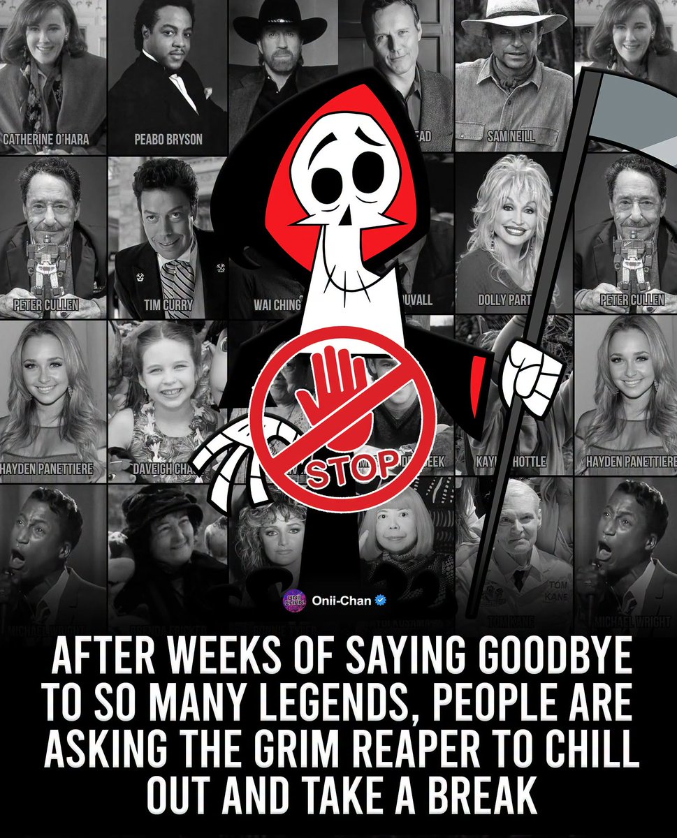 oniichanph's tweet photo. The recent wave of celebrity losses has left many fans feeling genuinely exhausted and uneasy while scrolling through social media 😨

In just a short stretch, entertainment has lost familiar names across movies, television, music, animation, and gaming, often before people have even had time to process the previous loss.

Now social media is filling with the same half-joking, half-serious reaction:

“Grim Reaper, please take a break.”

It’s obviously said with humor, but the feeling behind it is real. When several people tied to different generations of childhood memories pass away so close together, it can start to feel unusually heavy.

Fans aren’t just mourning individual stars anymore.

They’re worried about who they’ll have to say goodbye to next. 🕊️