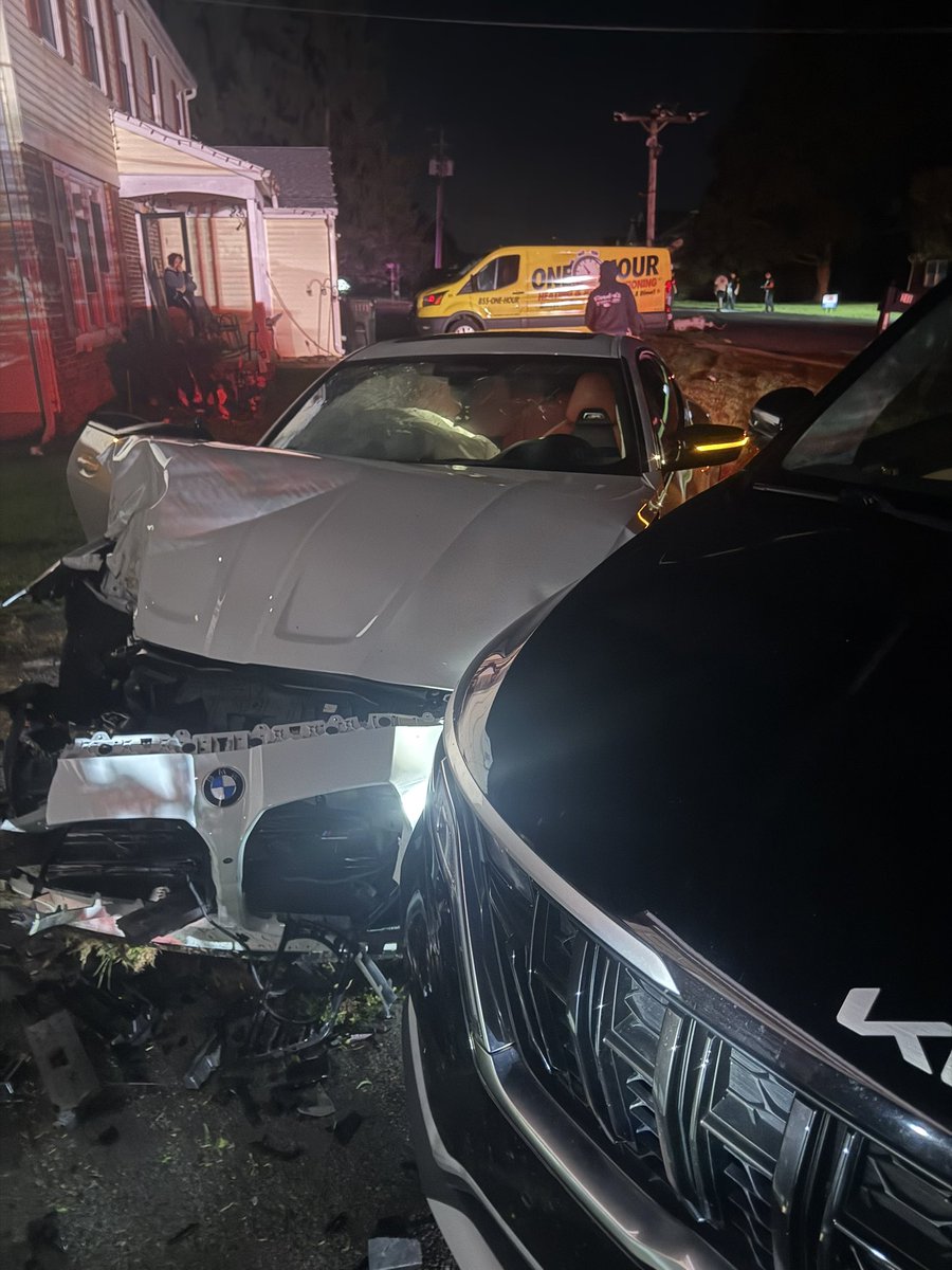 Wrestlernomics's tweet photo. 2 am and the power goes out. 

Walk outside and a drunk driver knocked down the power line pole and smashed into the side of our parked car right up onto our house.

10 year old kid in the car with him. Both alive. Guy owns a trucking business and just got this BMW. 

One horrible mistake can change your life in an instant. Make as many smart choices as you can.