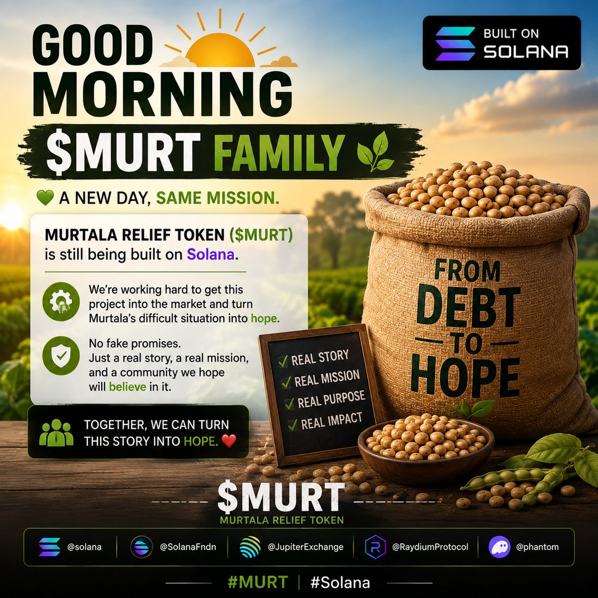 Murtgzb's tweet photo. ☀️ GOOD MORNING, $MURT FAMILY 🫘❤️

A new day, same mission.

Murtala Relief Token ($MURT) is still being built on Solana We’re working hard to get this project into the market and turn Murtala’s difficult situation into hope.

No fake promises. Just a real story a real  mission https://t.co/NtpY9lvKUY