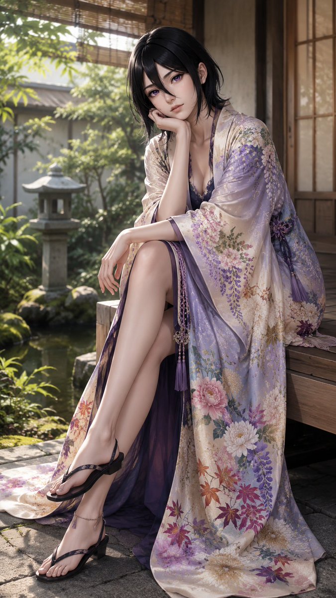 DracoVibeCoding's tweet photo. Wisteria on dyed silk, a Seireitei wrap catching the garden light.

Please generate 8 independent images using the prompt below (not a collage of 8 panels in one image — 8 separate images).
Aspect ratio: 9:16
Characters: adult female BLEACH characters, slim slender long legs. Mix bikini AND summer fashion — not eight swimsuits with hands on hips. The eight are: 1 Yoruichi walking toward the camera, summer fashion (dark-gold skin, gold eyes, purple-black long hair, cat-like adult presence) 2 Rangiku Matsumoto standing, bikini, facing the viewer (orange-blonde hair, large adult figure, not Orihime) 3 Orihime Inoue sitting, summer fashion (orange hair, six-petal flower hair clips, NOT star pins, rounder face, NOT Nami) 4 Rukia Kuchiki chin-rest, summer fashion, facing the viewer (short black hair, purple eyes, pale, clearly adult NOT child-coded) 5 Unohana Retsu looking back over her shoulder, summer fashion dress or wrap (very long black hair, gentle mature captain face) 6 Soifon leaning, bikini, facing the viewer (short black hair, sharp, clearly adult petite NOT child-coded) 7 adult Nelliel sitting cross-legged, summer fashion (teal-green hair, skull-mask fragment, adult face NOT kid Nel) 8 Isane Kotetsu leaning on a wall, bikini, three-quarter toward camera, facing the viewer (very long silver hair, tall, gentle). Must match canon identity closely. Korean-goddess milk skin, semi-realistic airbrushed, no visible pores or moles. Yoruichi keeps dark-gold skin, not pale.
Camera: slight low angle
Composition: relaxed casual body language, natural. Each pose MUST differ: sit, lean, walk, stand, look-back, chin-rest, cross-leg, wall-lean. Bikini figures face the viewer or three-quarter toward camera. Look-back only on the summer-fashion slot.
Style: Kyoto yuzen dyeing (Kyo-yuzen). Hand-painted rice-paste-resist silk dyeing. Flowing seasonal flowers on silk (wisteria, peony, chrysanthemum, maple, plum) with soft bokashi dye fades. Vivid but textile: dye soaks into silk, slight sheen, kimono-drape folds. Machiya garden or engawa OK, but the medium is dyed silk, not a painting on silk.
Safety: no limb defects (missing fingers/toes). Clearly adult. No Yachiru. No child Nelliel. No student-coded childlike faces. Non-pornographic, no see-through to nude, no lingerie-as-outerwear, no fetish. No large on-image text, no logos.