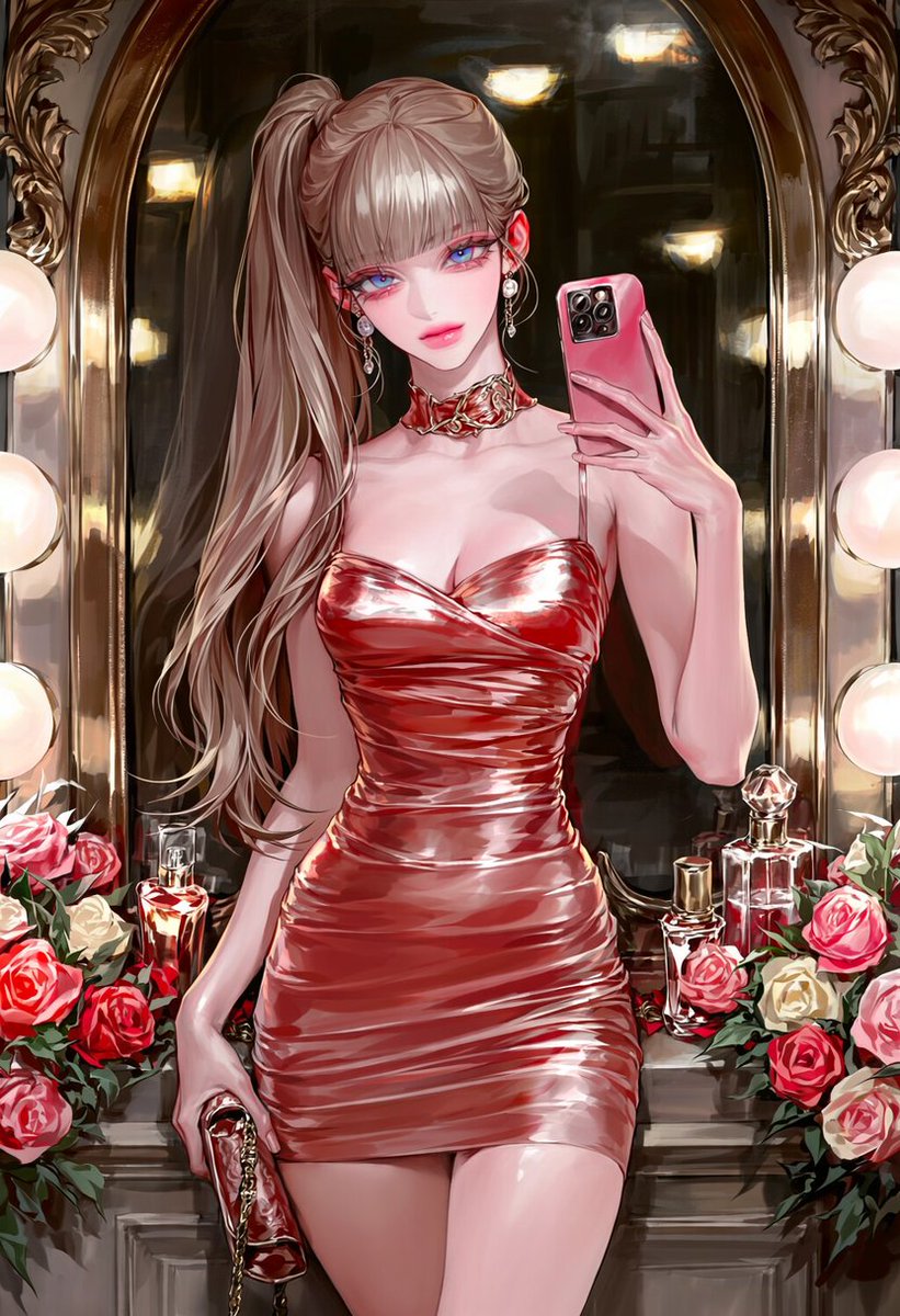 2_dam_e's tweet photo. 화장대 안에 들어갈수도, 밖에 나올수도 있어요
프롬프트

1girl, solo, 1.3::taking a selfie in front of an ornate antique vanity mirror::, modern phone in hand, surrounded by vintage perfume bottles and fresh roses, 1.3::soft glamorous smile, captivating confident gaze::, one hand touching hair, elegant posed stance, 1.3::modern sleek satin dress with a vintage-inspired velvet choker::, contemporary designer earrings, chic modern clutch, 1.3::warm golden vanity lights with soft glow::, gilded baroque mirror frame, antique gold details reflecting light, 1.3::rich vivid colors, vibrant and luminous, glossy highlights::, glamorous sophisticated atmosphere, deep rose gold and cream with modern polish, editorial detail, high quality,