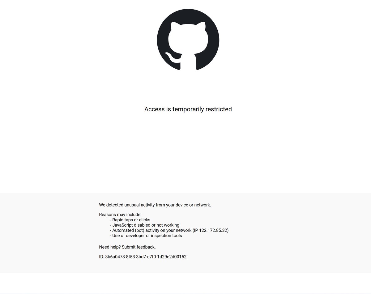 axkulhari's tweet photo. @github I am trying to signup for a github account but when I go on the signup page I am getting a "Access is temporaily restricted" page. It doesn't give me any other options. Can someone please help? https://t.co/Yg5Z1l3P5U