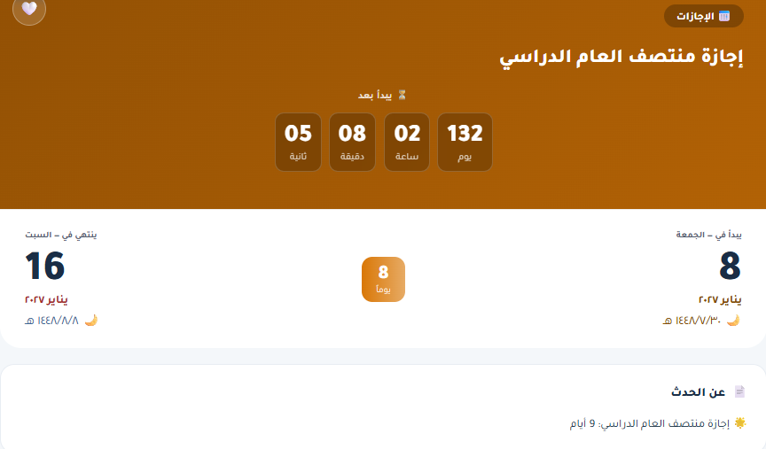 SaadAlsahli_SA's tweet photo. 🇸🇦 إجازة اليوم الوطني
📅 الإجازة: الأربعاء والخميس
🗓️ 12 – 13 ربيع الآخر 1448هـ
📆 الموافق: 23 – 24 سبتمبر 2026م
🔙 العودة: الأحد 16 ربيع الآخر 1448هـ
📆 الموافق: 27 سبتمبر 2026م
🔗 https://t.co/eOvaHKJVSt

📌 إجازة إضافية 1
📅 اليوم: الأحد
🗓️ 14 جمادى الأولى 1448هـ
📆 الموافق: 25 أكتوبر 2026م
🔙 العودة: الاثنين 26 أكتوبر 2026م
✨ تتصل الإجازة بنهاية الأسبوع، لتصبح ثلاثة أيام.

🔗 https://t.co/OZPFcSS813

🍂 إجازة الخريف + 📌 إجازة إضافية 2
⏰ تبدأ بنهاية دوام يوم الخميس
🗓️ 9 جمادى الآخرة 1448هـ
📆 الموافق: 19 نوفمبر 2026م
✅ العودة: الاثنين
🗓️ 20 جمادى الآخرة 1448هـ
📆 الموافق: 30 نوفمبر 2026م

🔗 https://t.co/G1jWwIg7Pt

📘 إجازة نهاية الفصل الدراسي الأول + 📌 إجازة إضافية
📌 الإجازة الإضافية:
اليوم : الخميس 29 رجب 1448هـ
📆 7 يناير 2027م
📚 آخر يوم للدراسة: الأربعاء
🗓️ 28 رجب 1448هـ
📆 الموافق: 6 يناير 2027م
🔙 العودة: الأحد
🗓️ 9 شعبان 1448هـ
📆 الموافق: 17 يناير 2027م
🎓 وهو موعد بداية الفصل الدراسي الثاني.
🔗 https://t.co/3PEtXTNb40

🏛️ إجازة يوم التأسيس
📅 الإجازة: الأحد والاثنين
🗓️ 14 – 15 رمضان 1448هـ
📆 الموافق: 21 – 22 فبراير 2027م
🔙 العودة: الثلاثاء
🗓️ 16 رمضان 1448هـ
📆 الموافق: 23 فبراير 2027م
🔗 https://t.co/7JEm50N4ju

🌙 إجازة عيد الفطر المبارك
⏰ تبدأ بنهاية دوام يوم الخميس
🗓️ 18 رمضان 1448هـ
📆 الموافق: 25 فبراير 2027م
🔙 العودة: الأحد
🗓️ 6 شوال 1448هـ
📆 الموافق: 14 مارس 2027م
🔗 https://t.co/sxkBxnzRxx

📌 إجازة إضافية 4
📅 اليوم: الأحد
🗓️ 4 ذو القعدة 1448هـ
📆 الموافق: 11 أبريل 2027م
🔙 العودة: الاثنين
📆 الموافق: 12 أبريل 2027م
🔗 https://t.co/Hpsksz56pV

🕋 إجازة عيد الأضحى المبارك
⏰ تبدأ بنهاية دوام يوم الخميس
🗓️ 29 ذو القعدة 1448هـ
📆 الموافق: 6 مايو 2027م
🔙 العودة: الأحد
🗓️ 17 ذو الحجة 1448هـ
📆 الموافق: 23 مايو 2027م
🔗 https://t.co/e8D8KrikpD

🎓 إجازة نهاية العام الدراسي
⏰ تبدأ بنهاية دوام يوم الخميس
🗓️ 19 محرم 1449هـ
📆 الموافق: 24 يونيو 2027م
🎉 وبها يُختتم العام الدراسي 1448هـ.
🔗 https://t.co/3PEtXTNb40