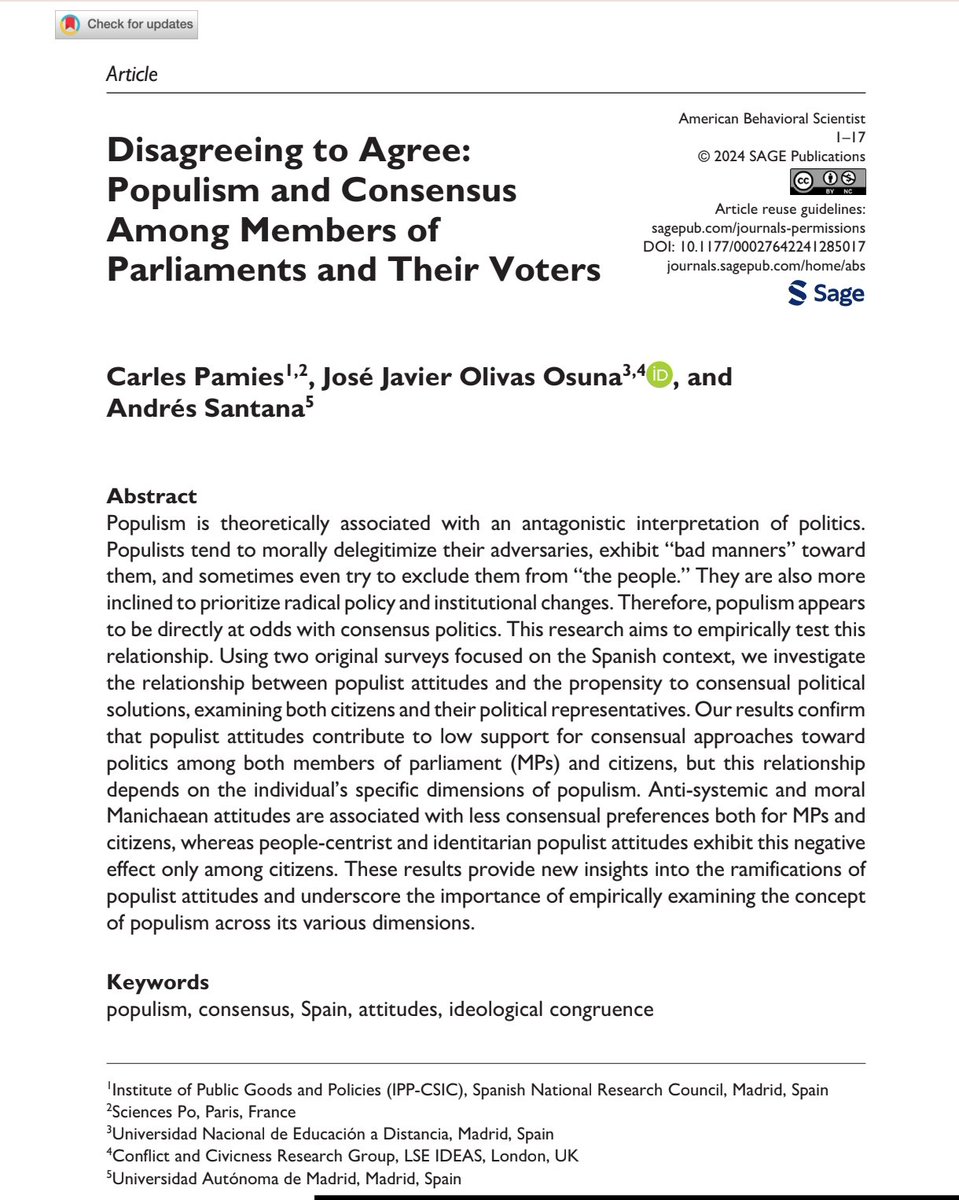 josejolivas's tweet photo. 🚨"Disagreeing to Agree: Populism and Consensus Among Members of Parliaments and Their Voters", an open access article by C. Pamies (@chalsito), Andrés Santana and myself, has finally be printed.
It is open access.
https://t.co/1XowdTvW5o
#Populism #polisci https://t.co/icRLg15y2z