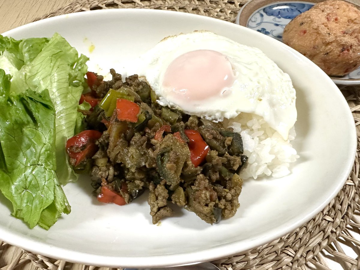 lesliebingo's tweet photo. 今日の夕飯は
夏野菜と挽肉のキーマカレー
合わないけど🤣紅生姜入り焼きガンモ https://t.co/skVyyRlAr2