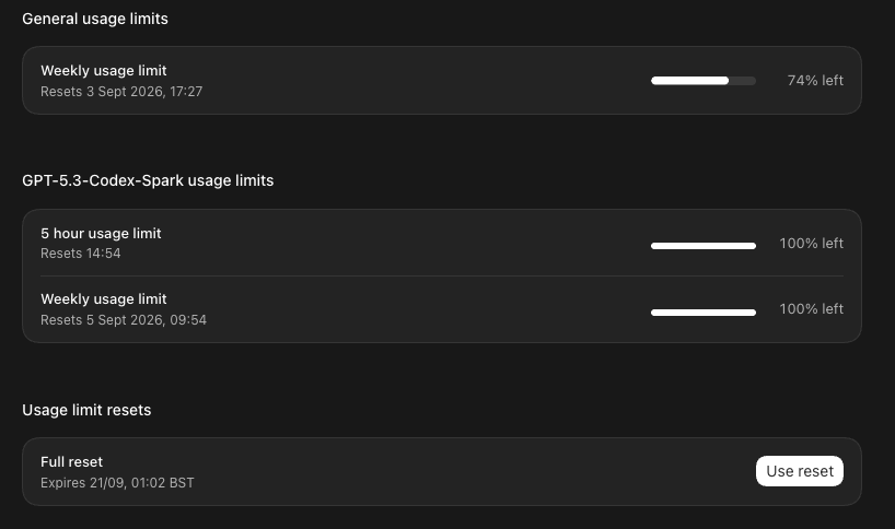 Usage screen showing separate general and GPT-5.3-Codex-Spark limits plus a visible reset control