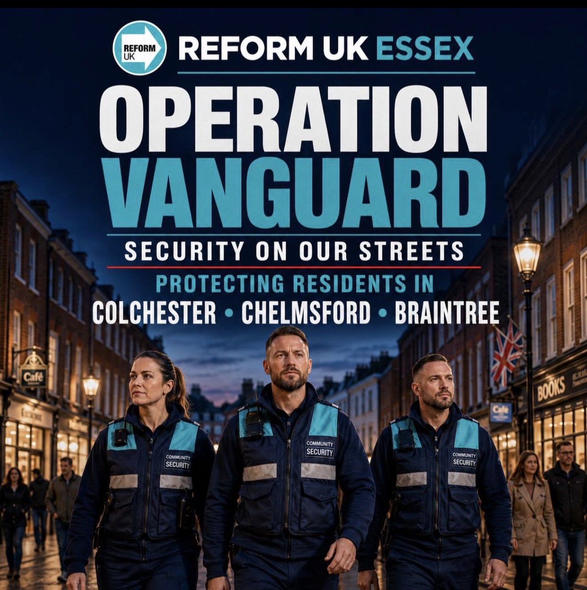 UK_Dispatch_'s tweet photo. NEW🚨: Security of our people has to come first for once 

Reform-run Essex is putting community security on the streets in Colchester, Chelmsford and Braintree under “Operation Vanguard”

 As  visible presence while the Home Office expands Wethersfield. https://t.co/8mzcRKEudV